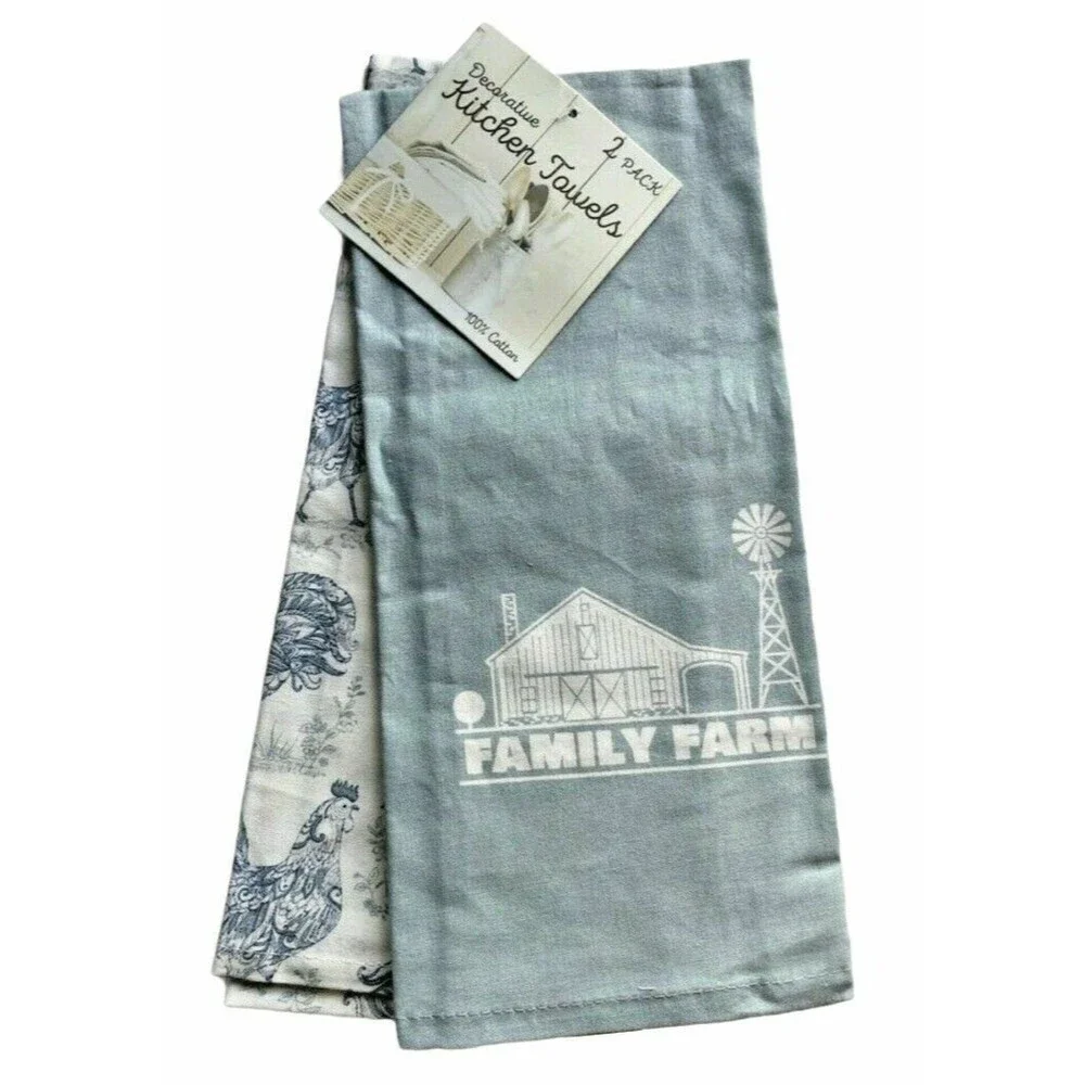 Farm Family Kitchen Dish Towels Set of 2 Sack Cloth Barn Windmill Chickens Blue